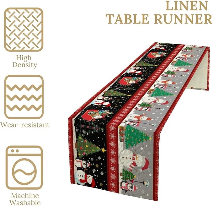 Christmas Table Runner,Cartoon Snowman Tree Xmas Deer Elk Santa Claus Print Tablecloth Burlap for Hotel Indoors Outdoor Dining Room Kitchen Home Decor,W13X L60 in