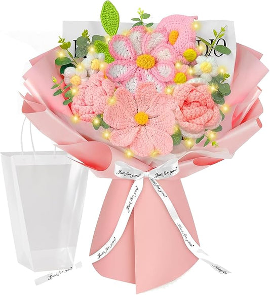 Crochet Flower Bouquet, Pink Knitted Flowers, Handmade Crochet Roses Calla Lily Gasang for Lover Anniversary Birthday Party Mother's Day Graduation Gifts (Pink)