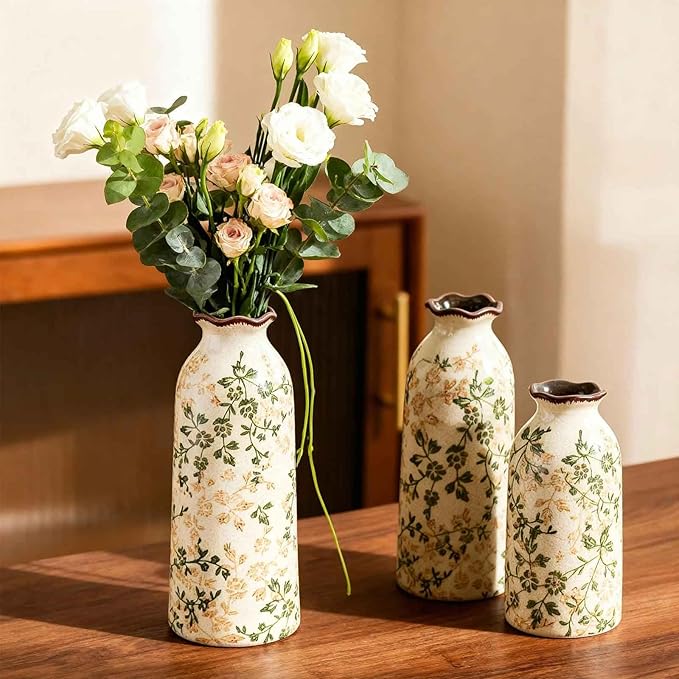 Ceramic Vase Set of 3, Vintage Green and Beige Vases Set for Home Decor, Chinoiserie Floral Decorative Vase for Living Room, Bookshelf, Office (5.9"+7.9"+9.8")