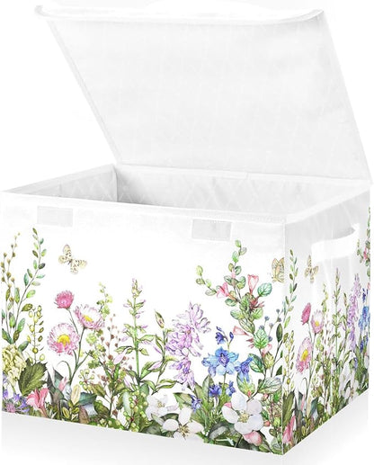 senya Spring Storage Baskets Collapsible Storage Bins with Lids, Spring Wild Flowers Butterfly Storage Boxes Clothes Baskets for Organizing