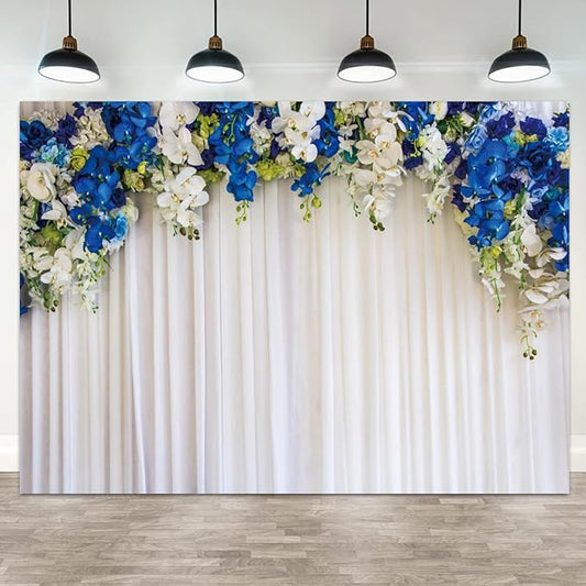 15x8ft White Wedding Backdrop White Blue Floral Flowers Photography Background Bride Groom Ceremony Party Bridal Shower Banner Decorations Engagement Proposal Portrait Photo Booth Prop