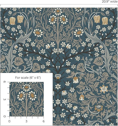 NextWall Seabrook Designs Victorian Garden Floral Vintage Prepasted Wallpaper (Aegean Blue & Warm Stone)