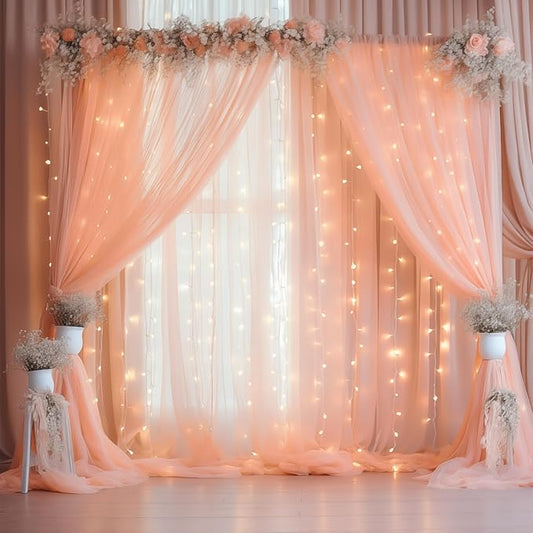 20ft x 10ft Peach Backdrop Curtain with Lights String for Parties, Sheer Tulle Wedding Photo Backdrops Drapes for Baby Shower Birthday Party Decorations Background for Photography