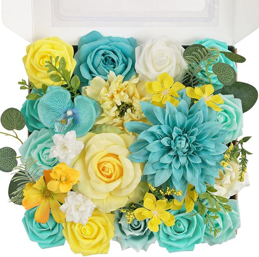 TINGE TIME Artificial Flowers Combo Set Teal Blue & Yellow Flowers Mix Silk Flowers Roses with Stem for DIY Wedding Bridal Bouquets Baby Shower Floral Arrangement Table Centerpieces Home Decorations