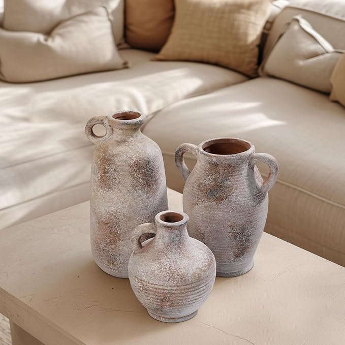Sunddo 10 Inch Rustic Terracotta Ceramic Vase, Farmhouse Vintage Flower Vase with Handle, Centerpiece Table Decorations, Living Room Kitchen Bedroom Desk Shelf Decor Gift