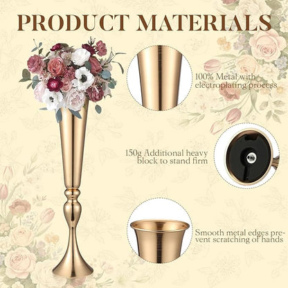 12 Pcs Tall Gold Trumpet Vases for Centerpieces & Wedding Tables - 21.65" Tall Gold Flower Vase Set with Weighted Base, Metal Trumpet Centerpieces for Tables (Bases para Centros de Mesa)