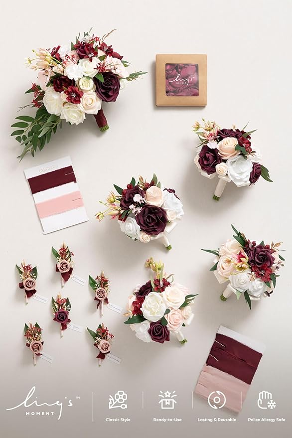 Ling's moment Wedding Artificial Flowers Package, Bridal Bouquet, Bridesmaid Bouquets, Boutonniere for Men, Rose Petals.Burgundy Blush