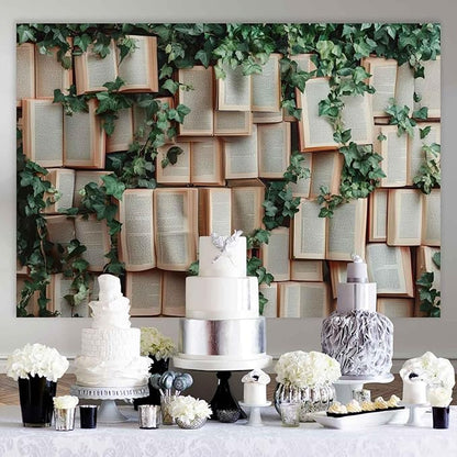 7x5ft Book Photo Backdrop Leaves Photography Background Book Vines Wallpaper Princess Birthday Party Cake Table Decorations Photoshoot KUBYW007