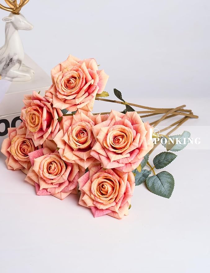 3.1"(8cm) Manta Rose Artificial Flower 7pcs Realistic Faux Silk Roses Fake Flowers Bouquets Arrangements Decor for Wedding Spring Mother's Day, Home Table Decorations, Orange Flower