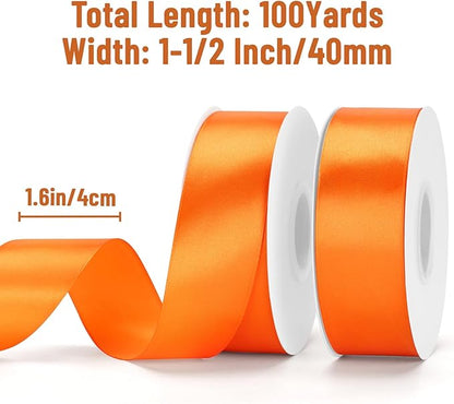 KINGLAKE Orange Satin Ribbon – 1 1/2'' x 100 Yards Polyester Orange Ribbon for Gift Wrapping, Wedding, Halloween, Thanksgiving Decoration, DIY Crafts, Sunflower Bouquets, Wreath Bows