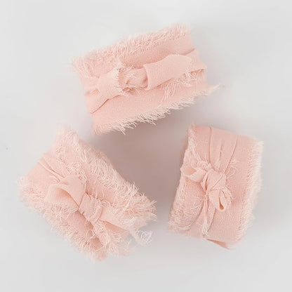 MEEDEE Blush Chiffon Ribbon 1 Inch Fringe Ribbon Pink Chiffon Silk Frayed Edge Ribbons Thin Chiffon Ribbons for Crafts, Gift Wrapping, Wedding Invitation (3 Rolls 21 Yards)