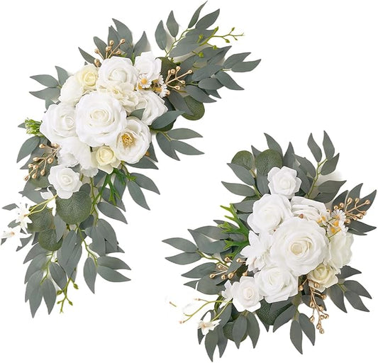 Wedding Arch Flowers, 2 Pack Floral Swag for Wedding Welcome Sign Decorations, Artificial White Roses Greenery Garland for Ceremony and Reception Backdrop Decor