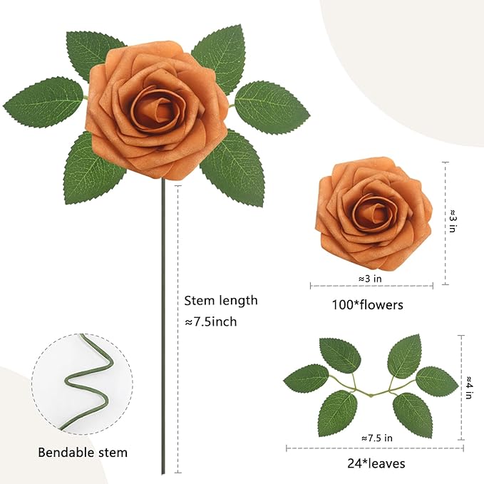 100PCS Artificial Flowers Gold Sparrow Roses Real Looking Foam Fake Roses with Leaves and for DIY Wedding Bouquets Bridal Shower Centerpieces Party Decorations (Gold Sparrow, 100)