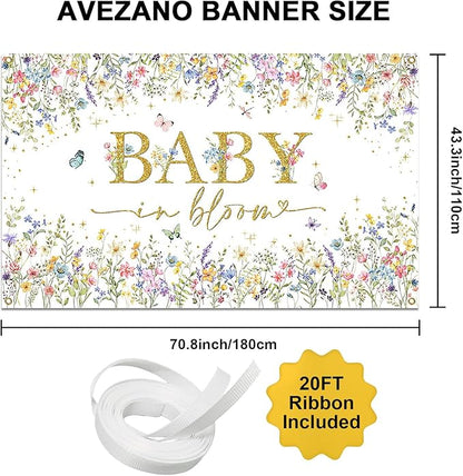 Avezano Baby in Bloom Backdrop Wildflower Baby Shower Party Decorations Watercolor Floral Baby in Bloom Banner Gold Glitter Butterfly Photography Background Cake Table Banner 70.8 x 43.3 Inch