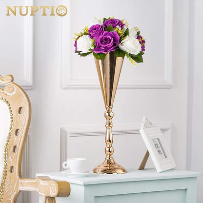 2 Pcs Tabletop Metal Wedding Flower Trumpet Vase, 16.5 inch Tall Table Decorative Centerpiece, Artificial Flower Arrangements for Anniversary Ceremony Party Birthday Event Aisle Home Decoration (Gold)