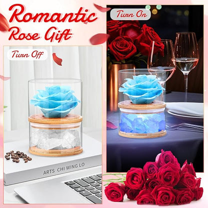 Christmas Birthday Flower Gift for Women Preserved Blue Rose with Light,Rose Essential Oil Set,Forever Flower Rose Gifts for Girlfriend Wife Mom Gift for Birthday, Anniversary,Thanksgiving,Valentines