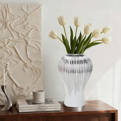 Ginger Jar, White Gold Ceramic Vase Large Handmade Porcelain Vases with Lid, White Gold Decorative Flower Vase for Home, Living Room, Weddings, Centerpieces (B-Silver-Medium)