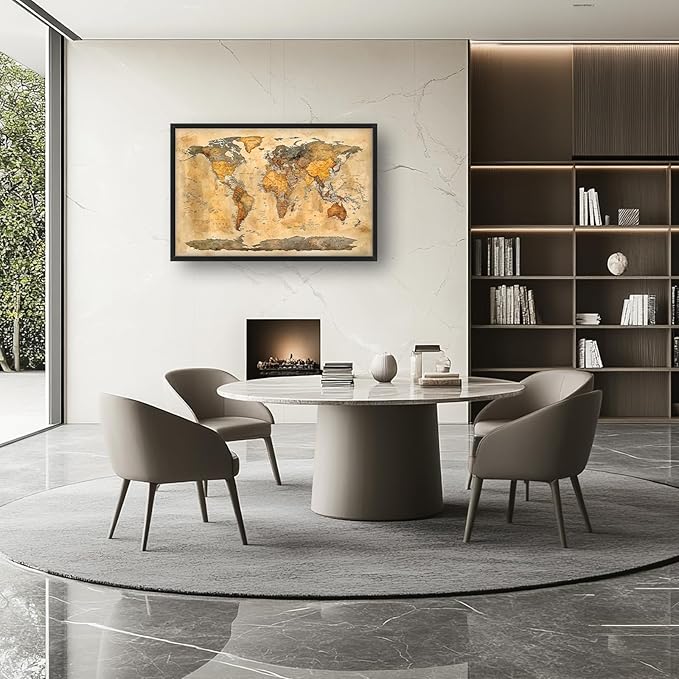 Extra Large World Map Framed Wall Art for Living Room,Oversized Vintage Map of The World Pictures Wall Decor,Canvas Print Painting Modern Artwork Bedroom Office Bathroom 36L x 24W