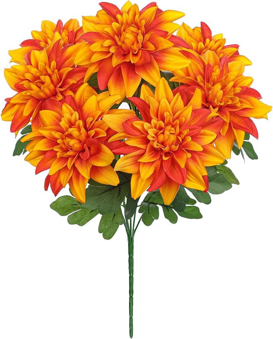 Hollyone Orange Artificial Dahlia Flowers Bush Fake Fall Flowers Artificial for Decoration Outdoor Indoor 7 Heads Silk Faux Dahlias Flower Bouquets Arrangements Centerpieces Fall Decorations for Home
