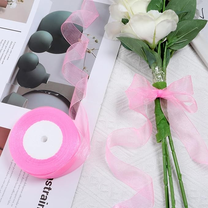 Pink Ribbon for Gift Wrapping 1 inch Sheer Organza Ribbon for Flower Bouquet Tulle Thin Chiffon Ribbons for Wedding Invitations Presents Decorations Crafts 50 Yards