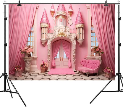 15x8ft Pink Castle Backdrop Room Door Curtain Photography Background Flowers Vases Sofa Princess Girl Birthday Banner Decorations Newborn Baby Shower Wedding Party Portrait Photo Booth Prop