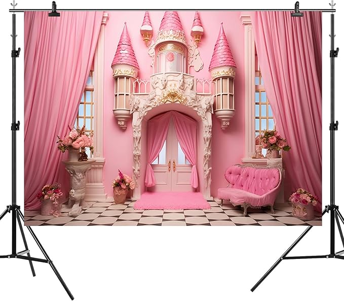 15x10ft Pink Castle Backdrop Room Door Curtain Photography Background Flowers Vases Sofa Princess Girl Birthday Banner Decorations Newborn Baby Shower Wedding Party Portrait Photo Booth Prop