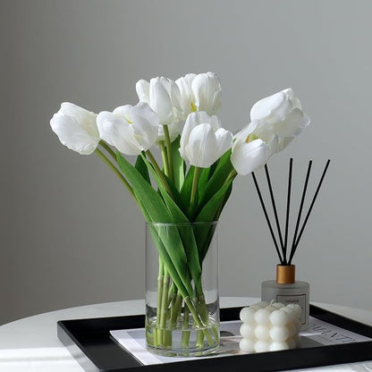 10pcs Fake Faux Tulips in Vase,Silk White Tulipanes Tulips Artificial Flowers Real Touch Arrangements with Vase for Desk Table Decoration Home Decor