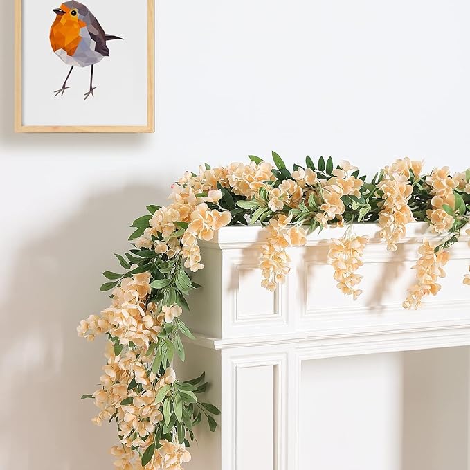 Duovlo 4Pcs 6.6Ft/Piece Imitation Silk Wisteria Garland Hanging Flower Vine for Home Outdoor Garden Ceremony Wedding Arch Floral Decor (Champagne)