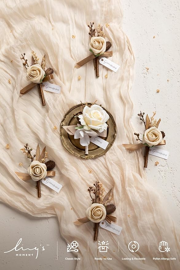 Ling's moment Boutonniere for Men, 6pcs Groom Groomsmen Boutonniere, Artificial Flowers for Wedding Decor/Prom/Homecoming, etc.Brown Beige White