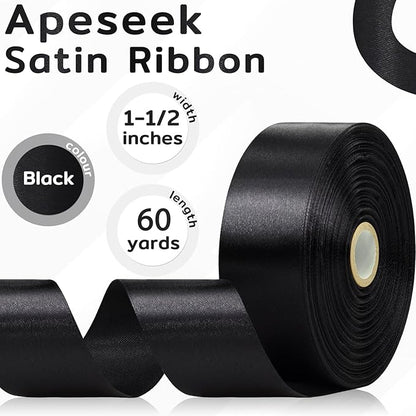 60 Yards Black Satin Ribbon 1-1/2 Inch, Solid Polyester Fabric Ribbon for Gift Wrapping, Crafts, Flower Bouquet, Wedding, Baby Shower, Festival, Christmas, Halloween