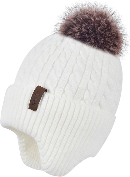 FENELY Women's Knitted Warm Beanie Winter Hat, Warm Chunky Snow Hat with Pompom