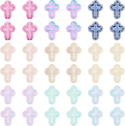 90Pcs Glass Cross Beads Crystal Crucifix Beads Colorful Jesus Cross Easter Charm Bead Loose Spacer Crosses Bead for DIY Craft Bracelets Earrings Necklaces Lanyard Jewelry Making