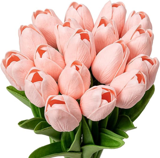 KAOYOO 18PCS Artificial Tulip Flowers Bouquet - Faux Latex Tulips for Home Decor,Office Desk,Kitchen Table,Wedding Centerpiece,Party,Spring Decoration(Pink,18 Pack)