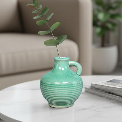Sunddo Green Ceramic Vase 6 Inch - Small Decorative Vases with 1 Handle, Textured Modern Vase for Home Decor, Bathroom, Bedroom, Living Room, Centerpiece, Table Decor