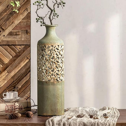 20.3″ Tall Metal Floor Vase – French Country Green & White Geometric Iron Cylinder Decorative Vase for Living Room • Entryway • Hallway (Rustic Romantic Accent & Dried/Faux Flowers)
