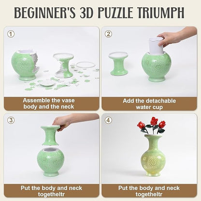3D Puzzle Vase, 160 Curved Pieces DIY Flower Vase Craft Kit & 3D Puzzles for Adults, Creative Jigsaw Art Project Home Décor Centerpiece, (C-Jade Floral Carving)