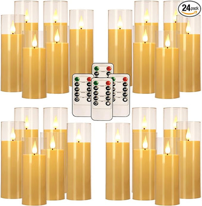 24 Pack LED Flameless Candles Set(14/16/18cm), Battery - Operated with 4 Remotes,Clear, Timer & Flickering/Steady Modes for Home décor, Wedding, Patio,Outdoor.