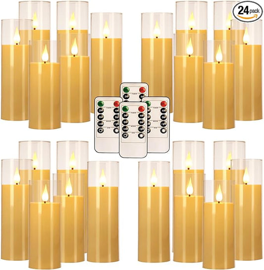 24 Pack LED Flameless Candles Set(14/16/18cm), Battery - Operated with 4 Remotes,Clear, Timer & Flickering/Steady Modes for Home décor, Wedding, Patio,Outdoor.