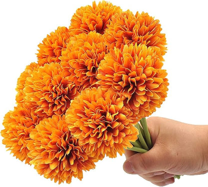 10Pcs Artificial Fake Flower Plants Silk Chrysanthemum Ball Hydrangea Arrangements Wedding Bouquets Decor Home Kitchen Garden Party Table Floral Centerpieces DIY (Orange)