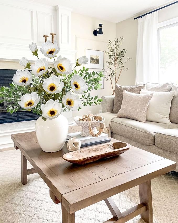 28.3" White Artificial Flowers Poppy Flowers 3Pcs Silk Fake Poppy Flowers Real Touch Faux Poppies Spring Flower Long Stem Arrangement with 4 Heads for Party Centerpiece Bouquet Table Home Decoration