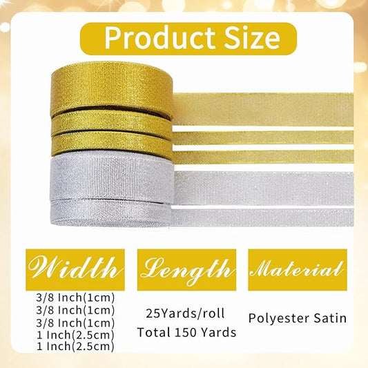 TONIFUL 5 Rolls Christmas Glitter Ribbon Set - Gold & Silver 3/8" & 1" Width x 25 Yards Ribbon for Crafts, Wreath, Tree, Gift Wrapping, Bows, Bouquet, Christmas, Valentine, Thanksgiving, Decoration