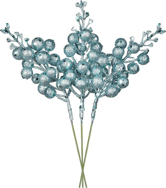 Lvydec 16pcs Christmas Glitter Berry Stems, 7.8" Artificial Christmas Picks for Christmas Tree Ornaments, DIY Xmas Wreath, Crafts, Holiday and Home Decor (Light Blue)