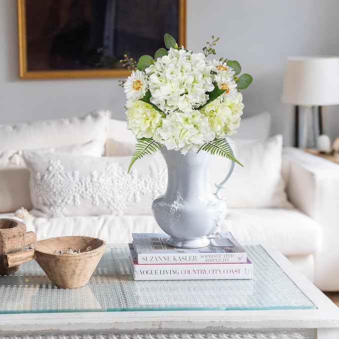 Hydrangea Artificial Flowers 12PCS White Faux Flowers Fake Hydrangea Daisies Silk Arrangements Realistic Fake Flowers for Vase Floral Centerpiece Arrangements Wedding Bridal Bouquet Party Home Decor