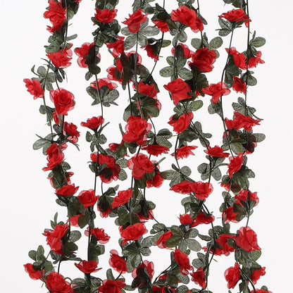 5 Pcs 41FT Flower Garland, Artificial Rose Garland Flowers Plants Fake Flower Hanging Rose Ivy, Birthday Party Valentine's Day Wedding Wall Arch Decor（Red）