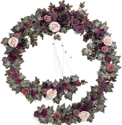 Ling's moment 9FT Flower Garland for Backdrop Decorations - Wedding Arch Flowers, Eucalyptus & Rose, Artificial Floral Garland for Mantle - Sweetheart Table Decor for Beach Reception, Purple