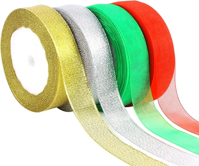 DECYOOL 4 Rolls 150 Yards Christmas Ribbons Metallic Glitter Fabric Organza Holiday Festival Ribbons 4/5" Wide for Gift Wrapping Decoration