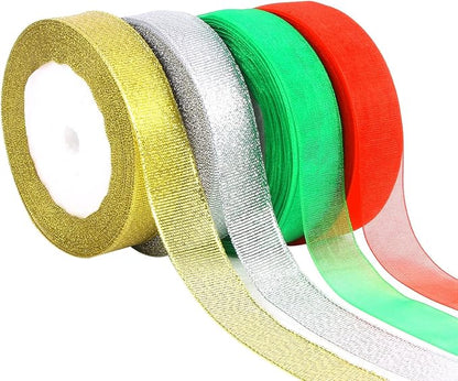DECYOOL 4 Rolls 150 Yards Christmas Ribbons Metallic Glitter Fabric Organza Holiday Festival Ribbons 4/5" Wide for Gift Wrapping Decoration
