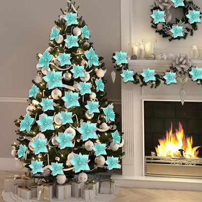 Boao 24 Pieces Christmas Artificial Glitter Poinsettia Flowers Xmas Flowers Wedding Christmas Tree New Year Ornaments(Blue Green)
