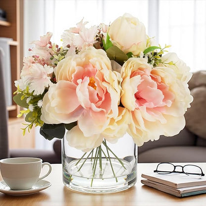 ENOVA FLORAL Artificial Silk Flower Arrangement with Vase,Mixed Artificial Silk Peony Flower in Vase for Decoration Home Office, Wedding Centerpiece (Peach)