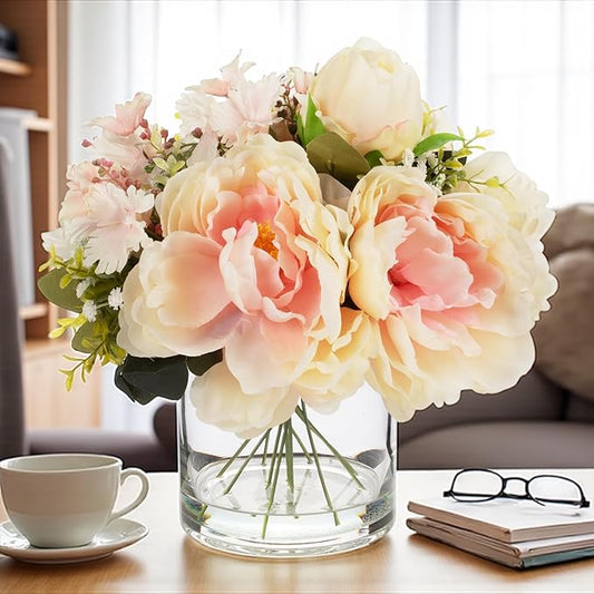ENOVA FLORAL Artificial Silk Flower Arrangement with Vase,Mixed Artificial Silk Peony Flower in Vase for Decoration Home Office, Wedding Centerpiece (Peach)